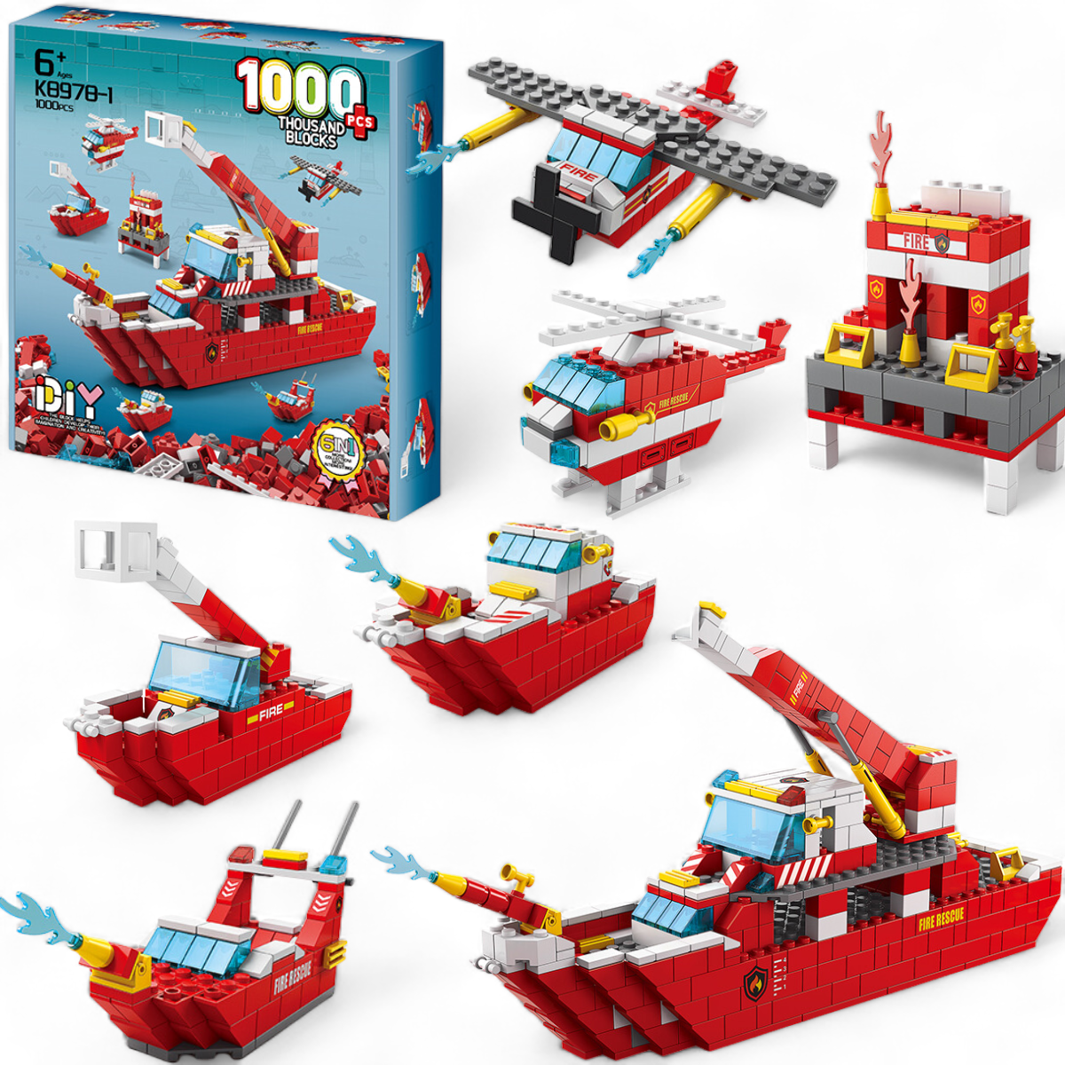 Kit 1000 Peças Blocos De Montar Bloxi Navio De Bombeiros - 6 em 1