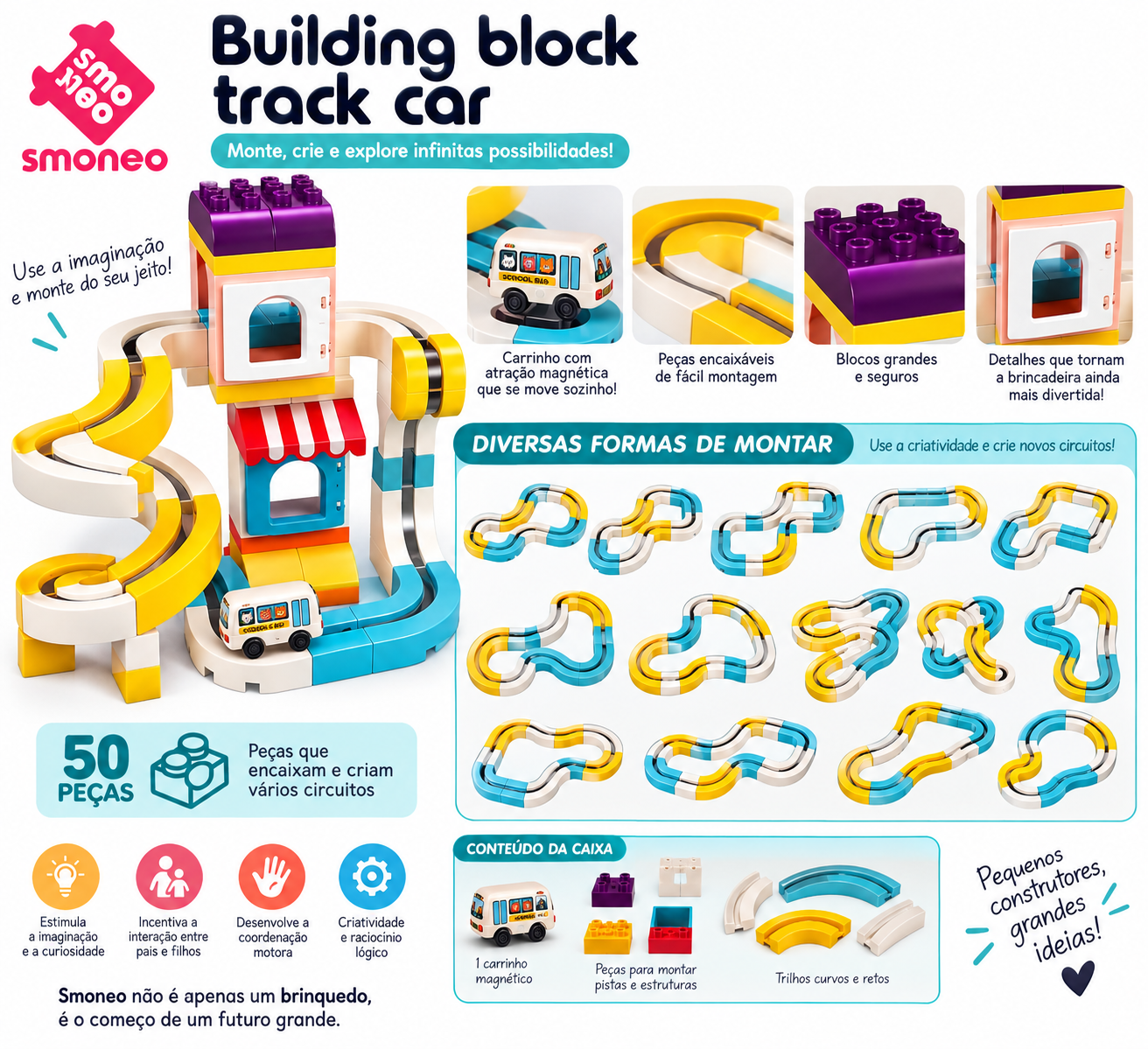 Pista Magnética de Blocos Building Block Track Car – 50 Peças - Imagem 2