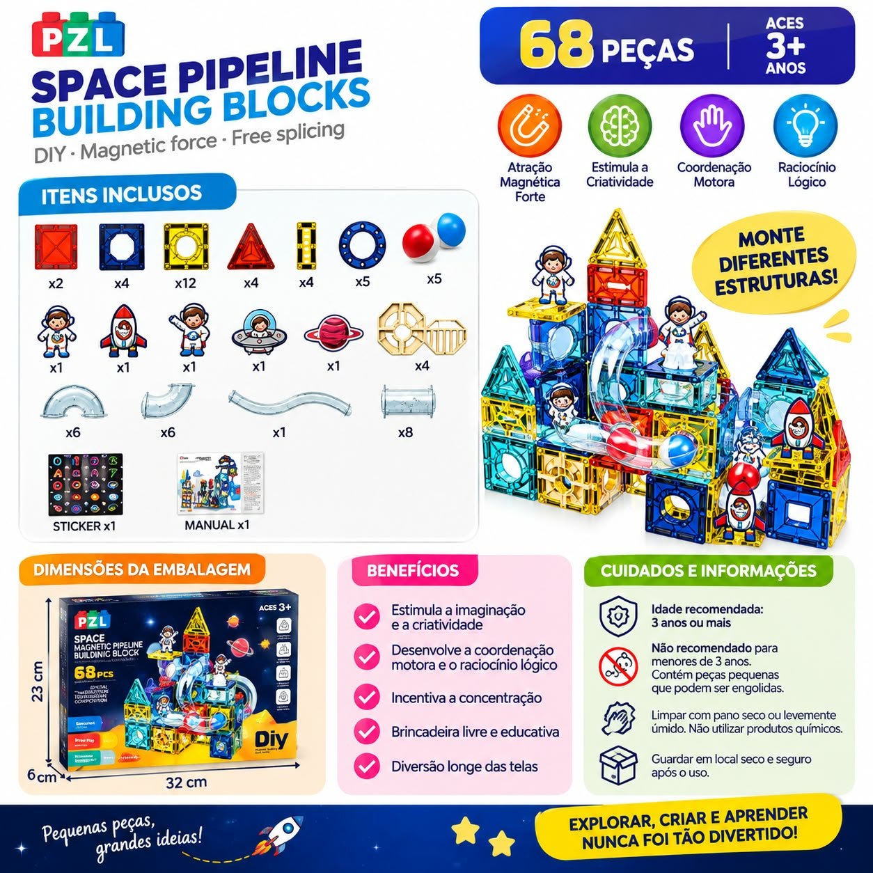 (ESGOTADO) Blocos de Montar Magnéticos Espacial com Pista de Bolinhas 68pçs - Imagem 3